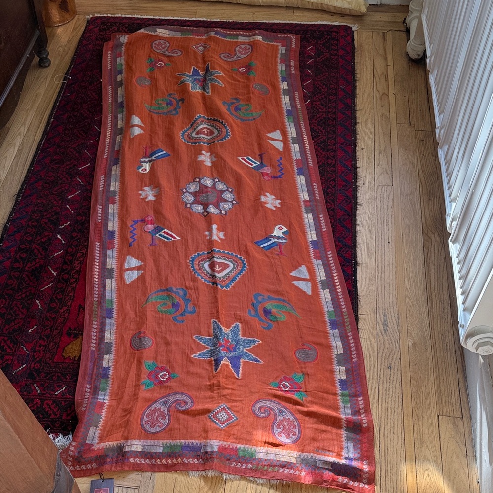 Etro NWT Vibrant Long Rust/Orange Scarf with Multicolor Embroidery - Picture 6 of 16